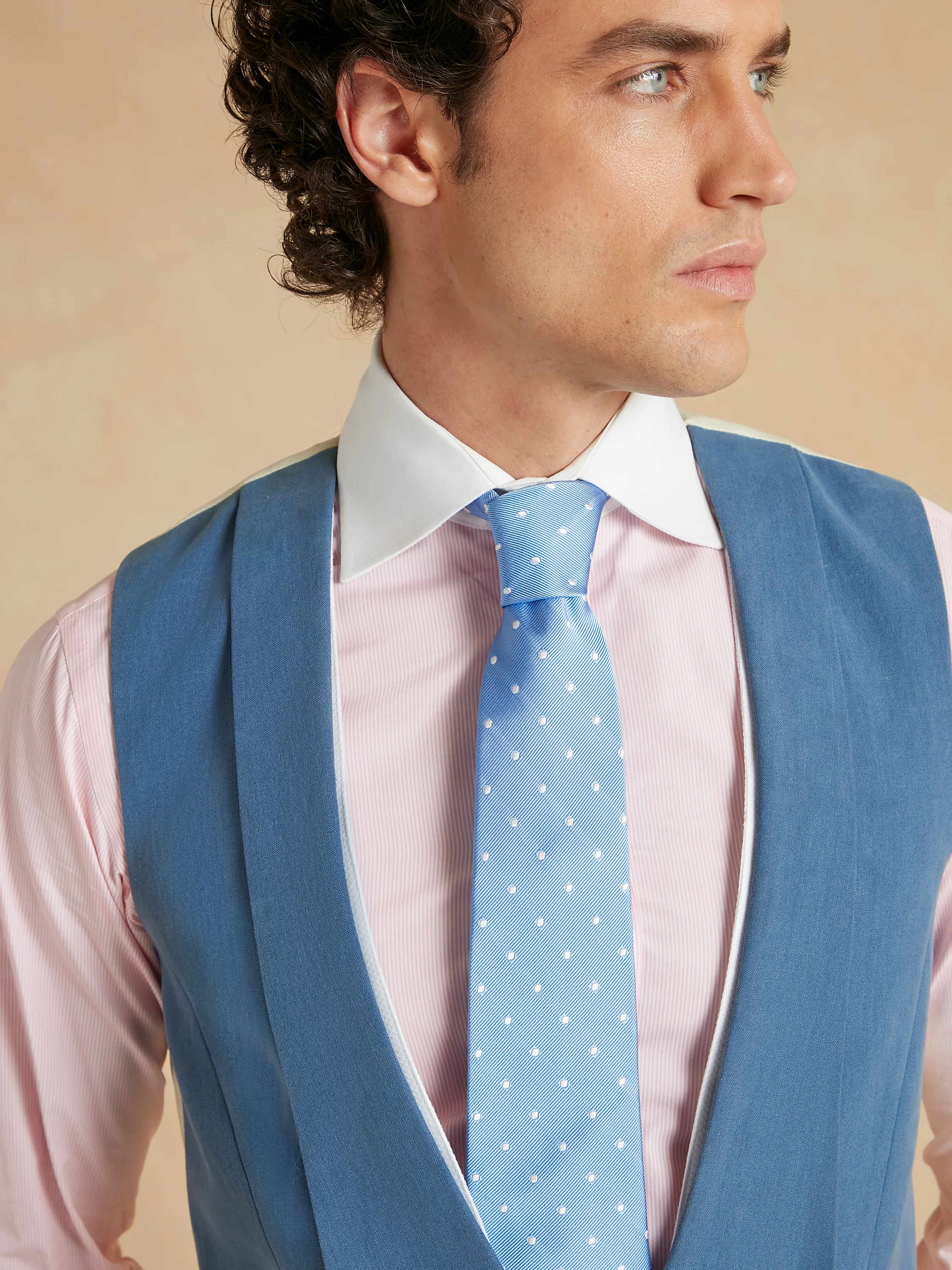 Deep Shawl Lapel Double Breasted Linen Waistcoat - Mid Blue - Image 3