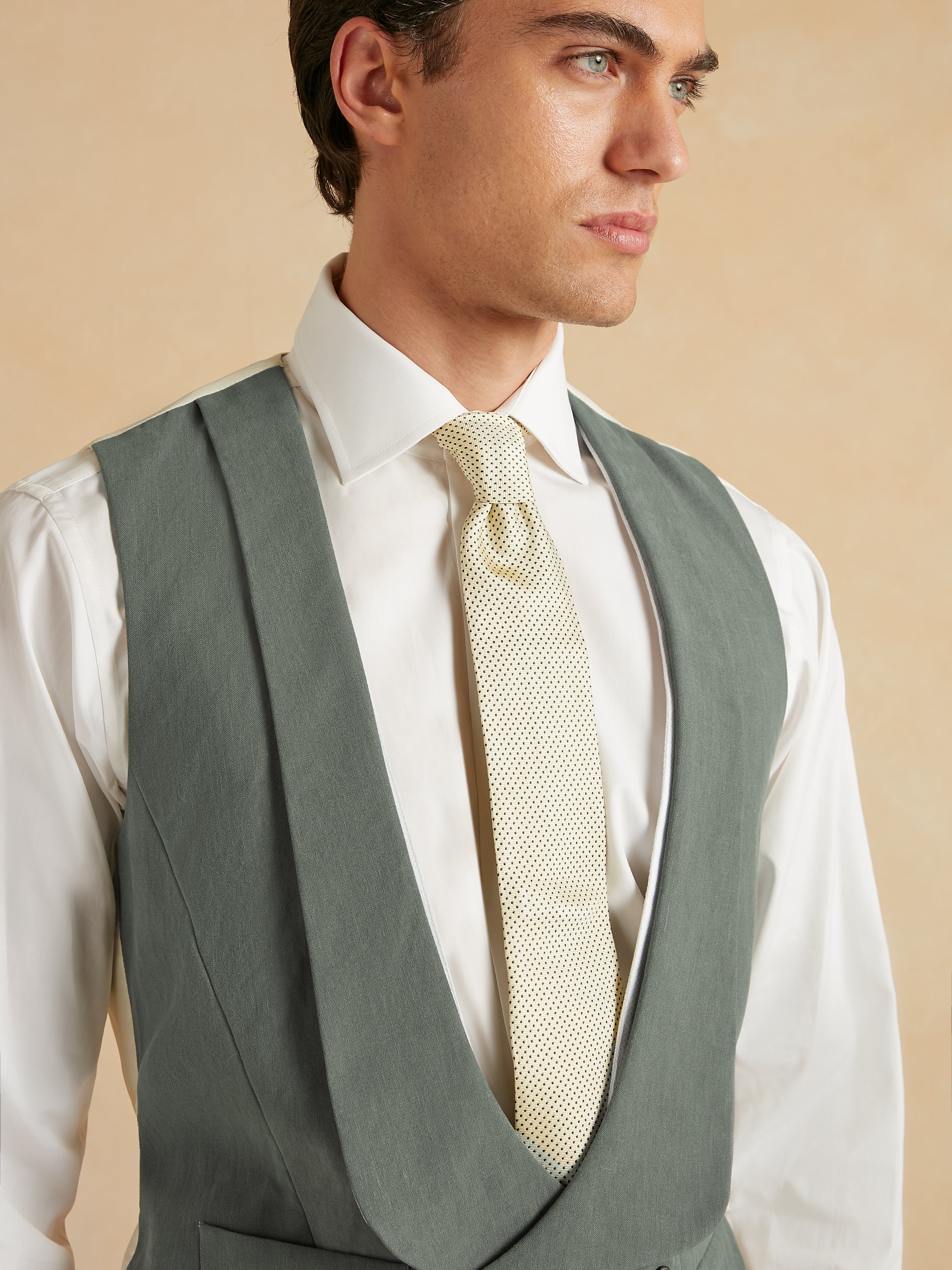 Deep Shawl Lapel Double Breasted Linen Waistcoat - Sage Green - Image 3