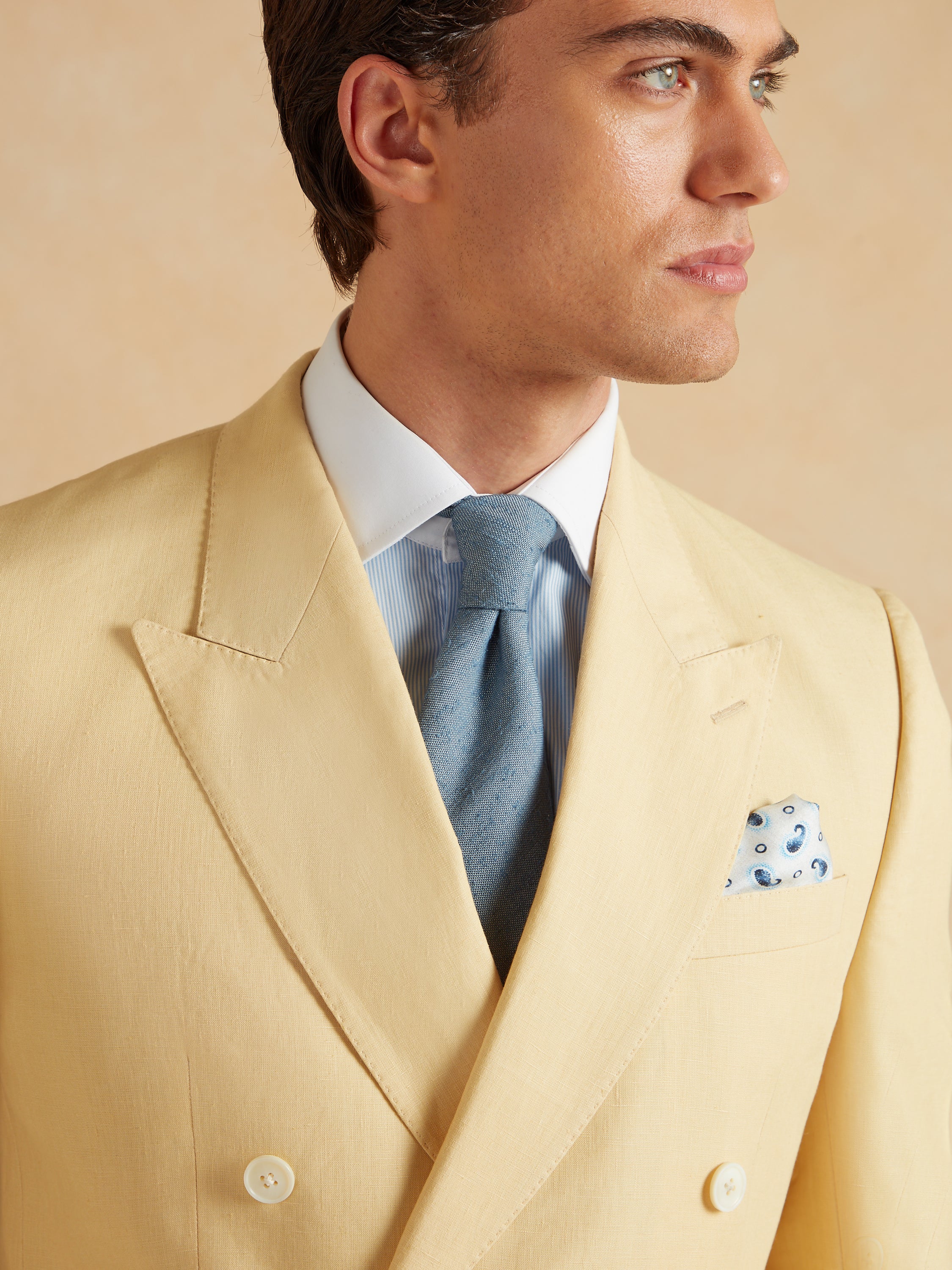 Double Breasted Peak Lapel Jacket - Yellow Linen - Image 3