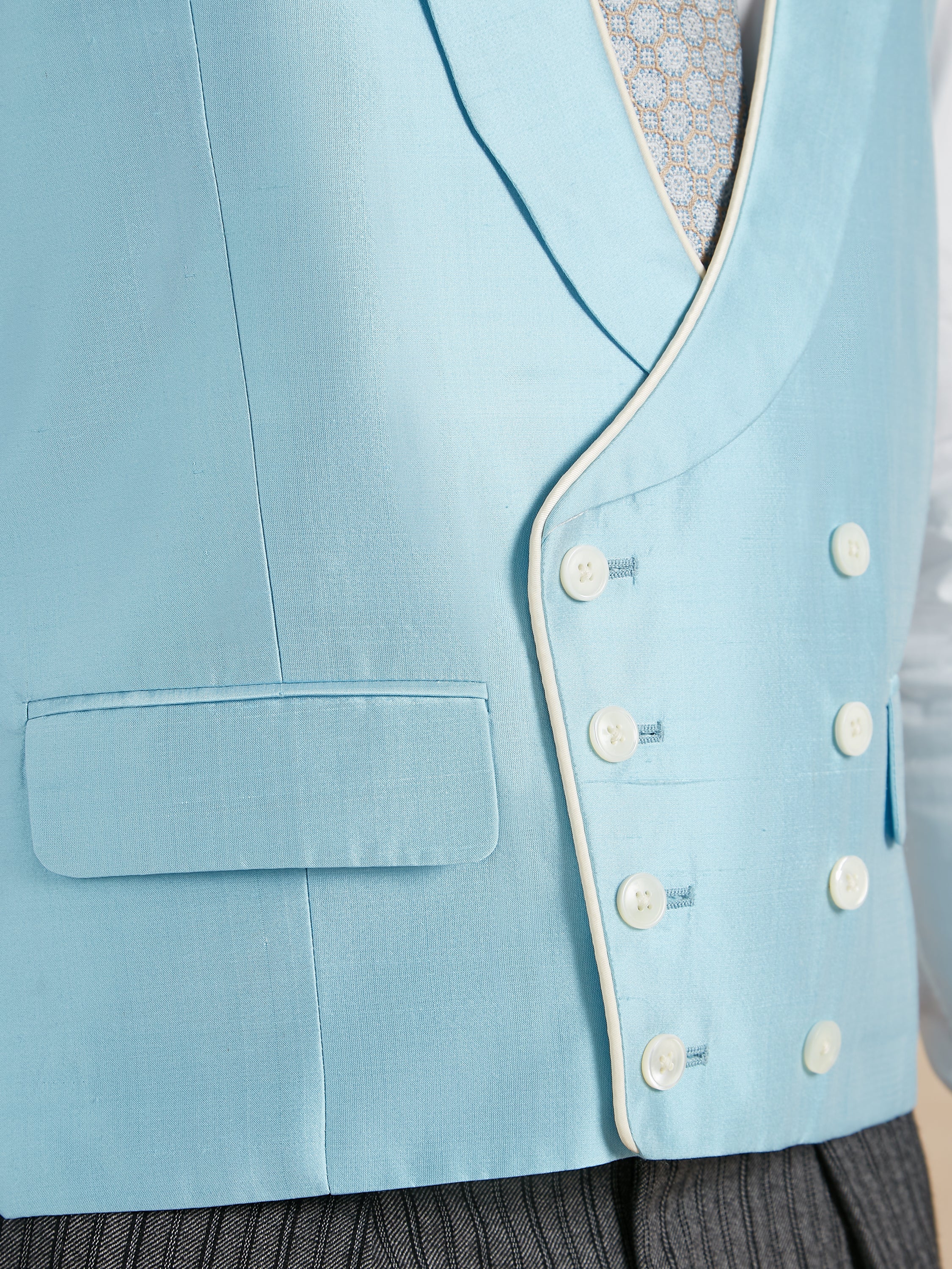 Double Breasted Silk Waistcoat With Piping - Blue - Image 3