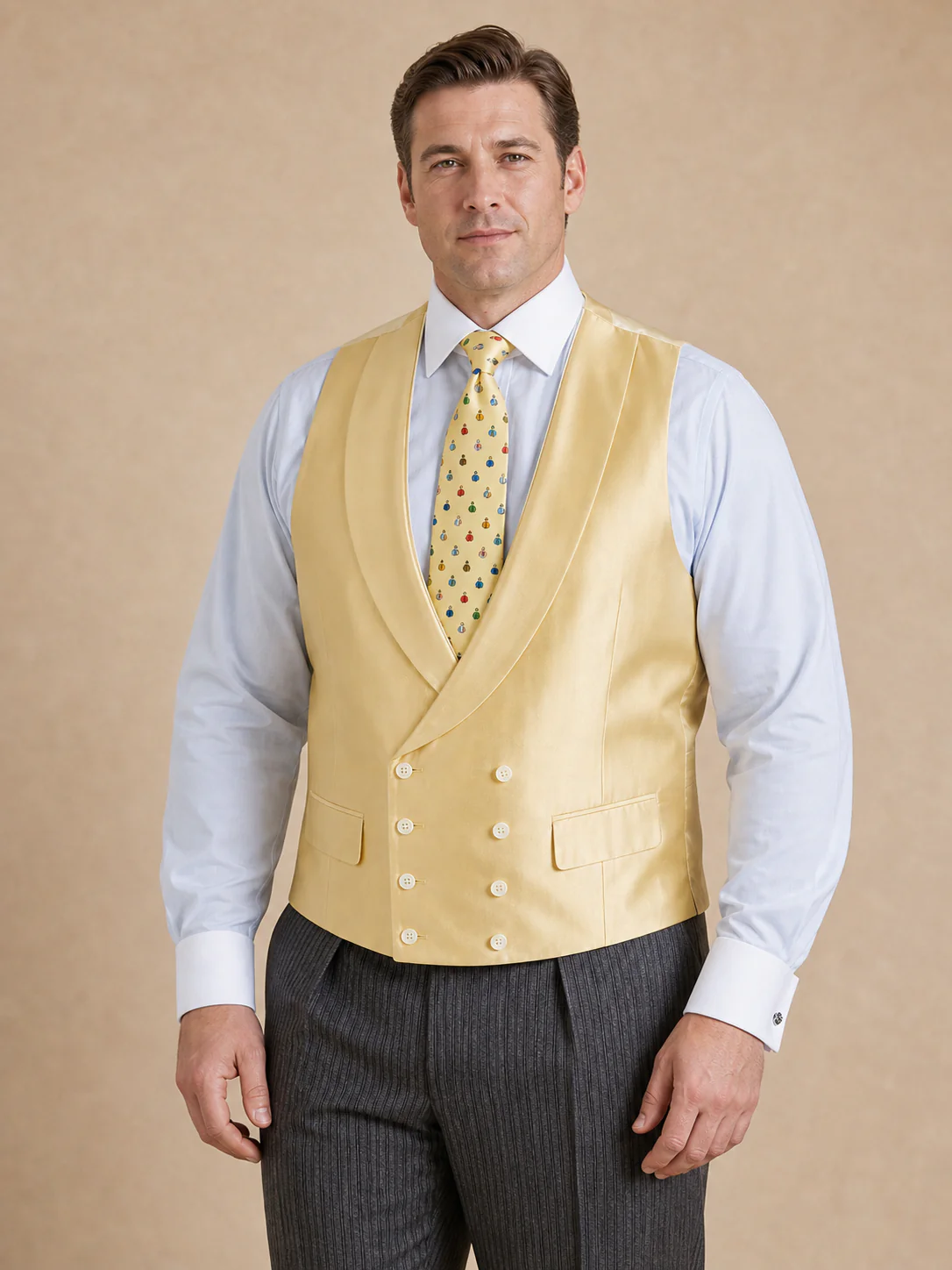 Double Breasted Silk Waistcoat With Piping - Yellow (Extended Sizing)