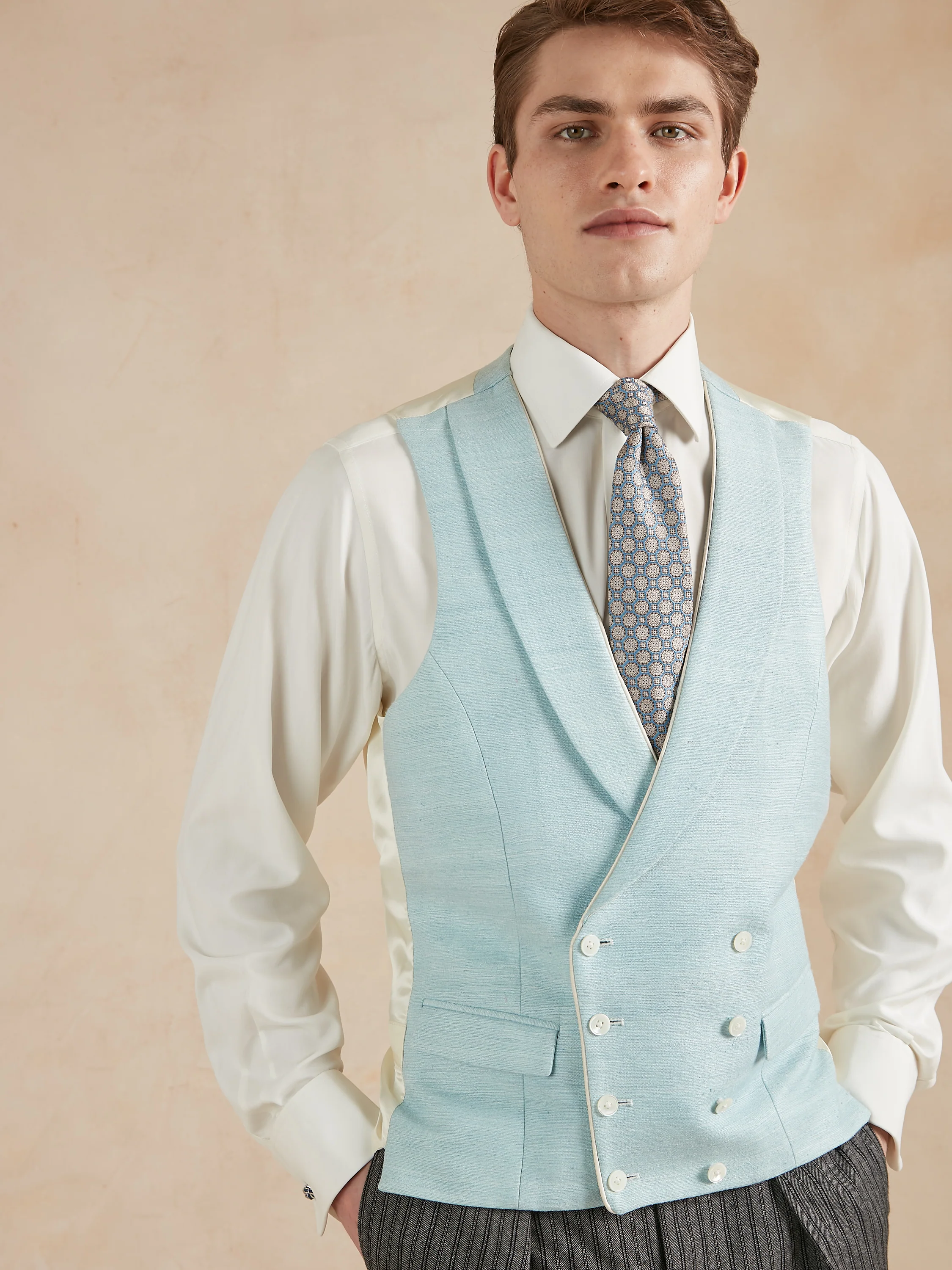 Double Breasted Waistcoat Woven Silk - Glacier (Extended Sizing)