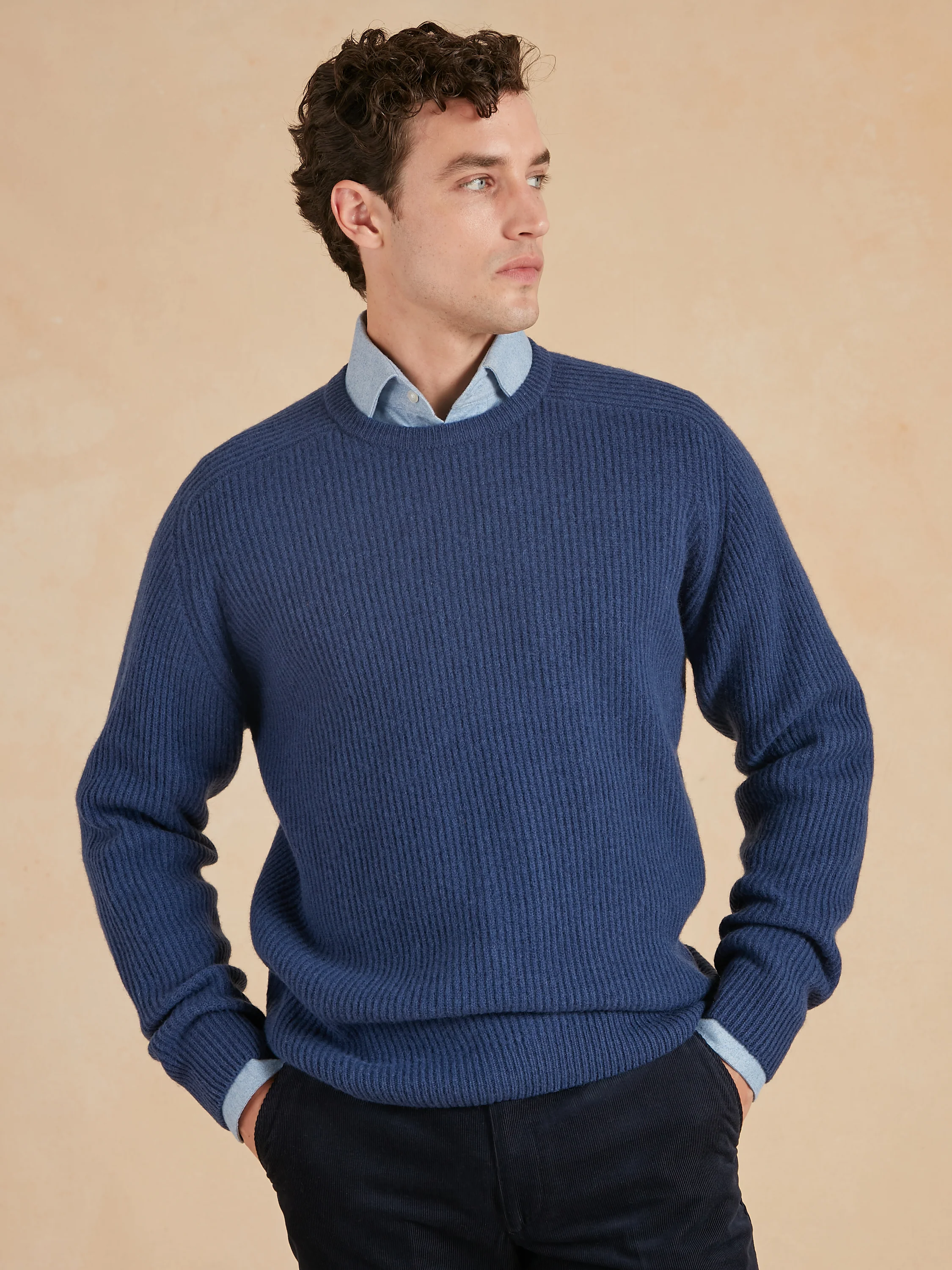 Lambswool Rib Stitch Crew Neck - Ink Blue