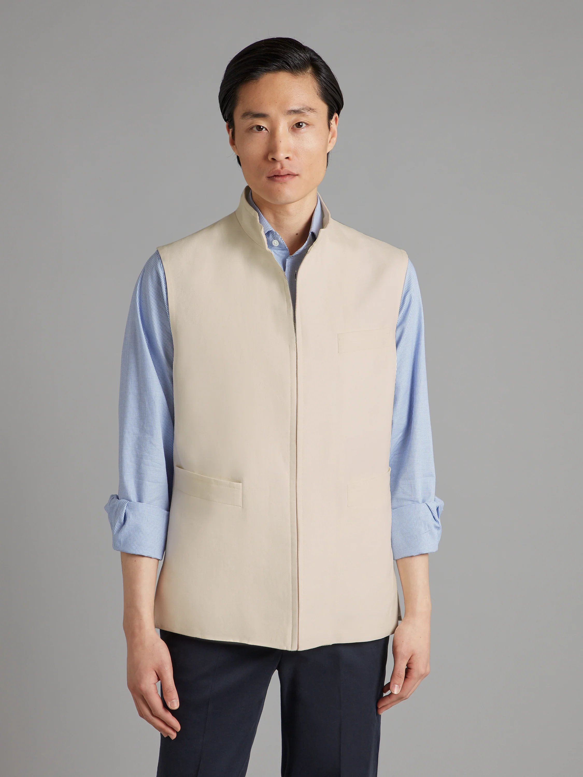 Linen Gilet with Zip - Stone - Image 3