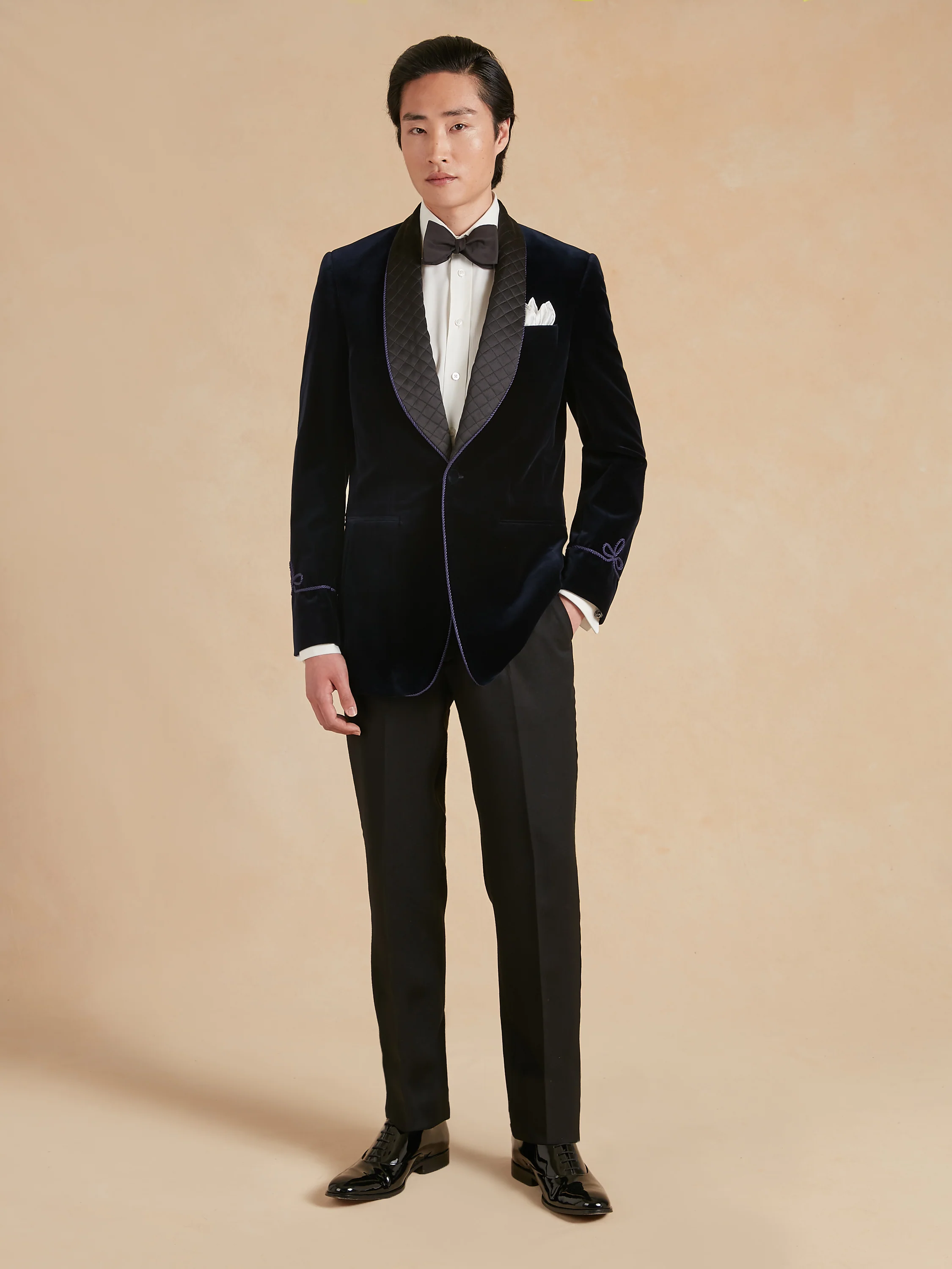 Pembroke Smoking Jacket - Navy Velvet with Quilted Lapels - Image 3