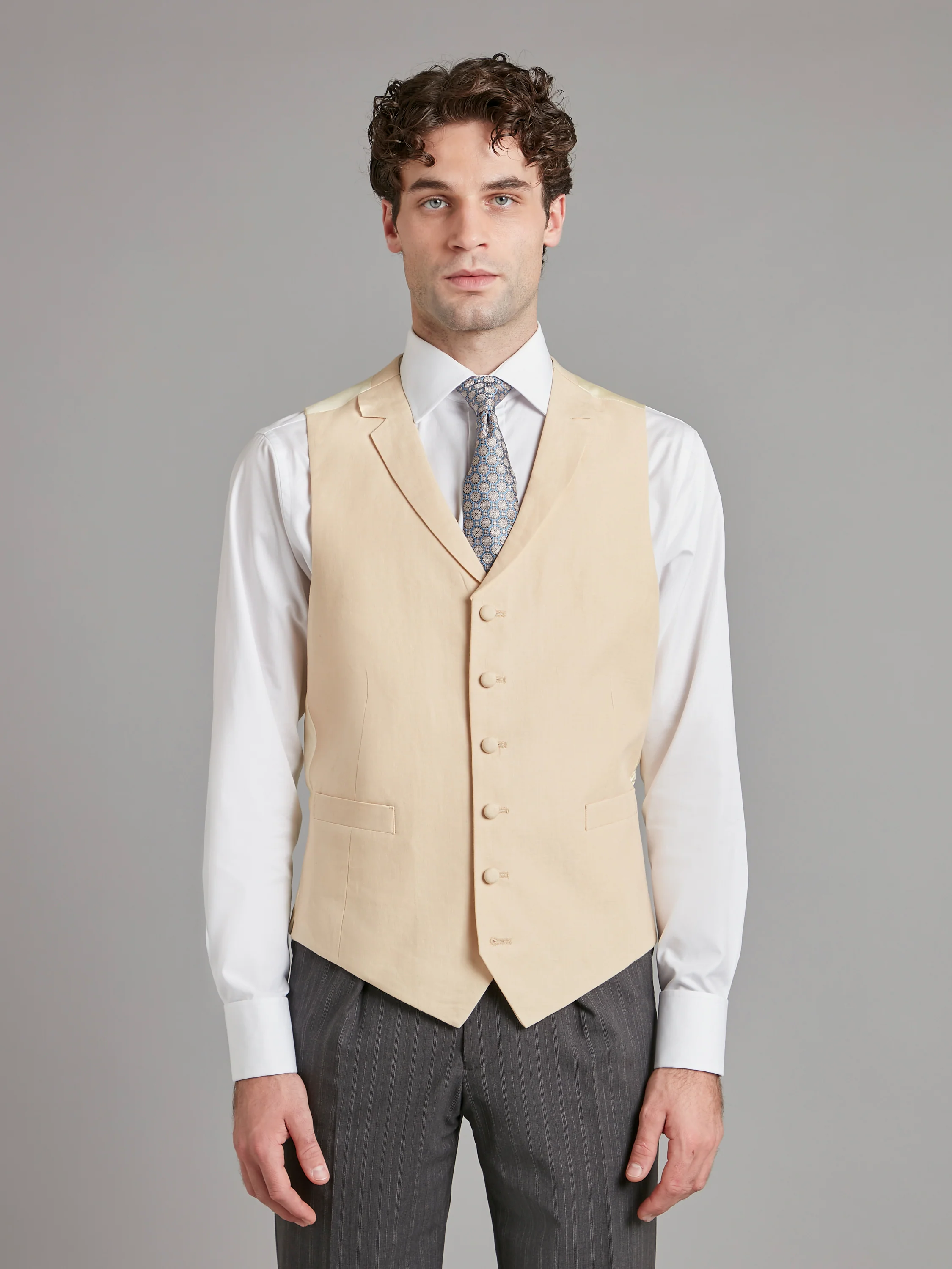 Single Breasted Linen Waistcoat - Beige (Extended Sizing)