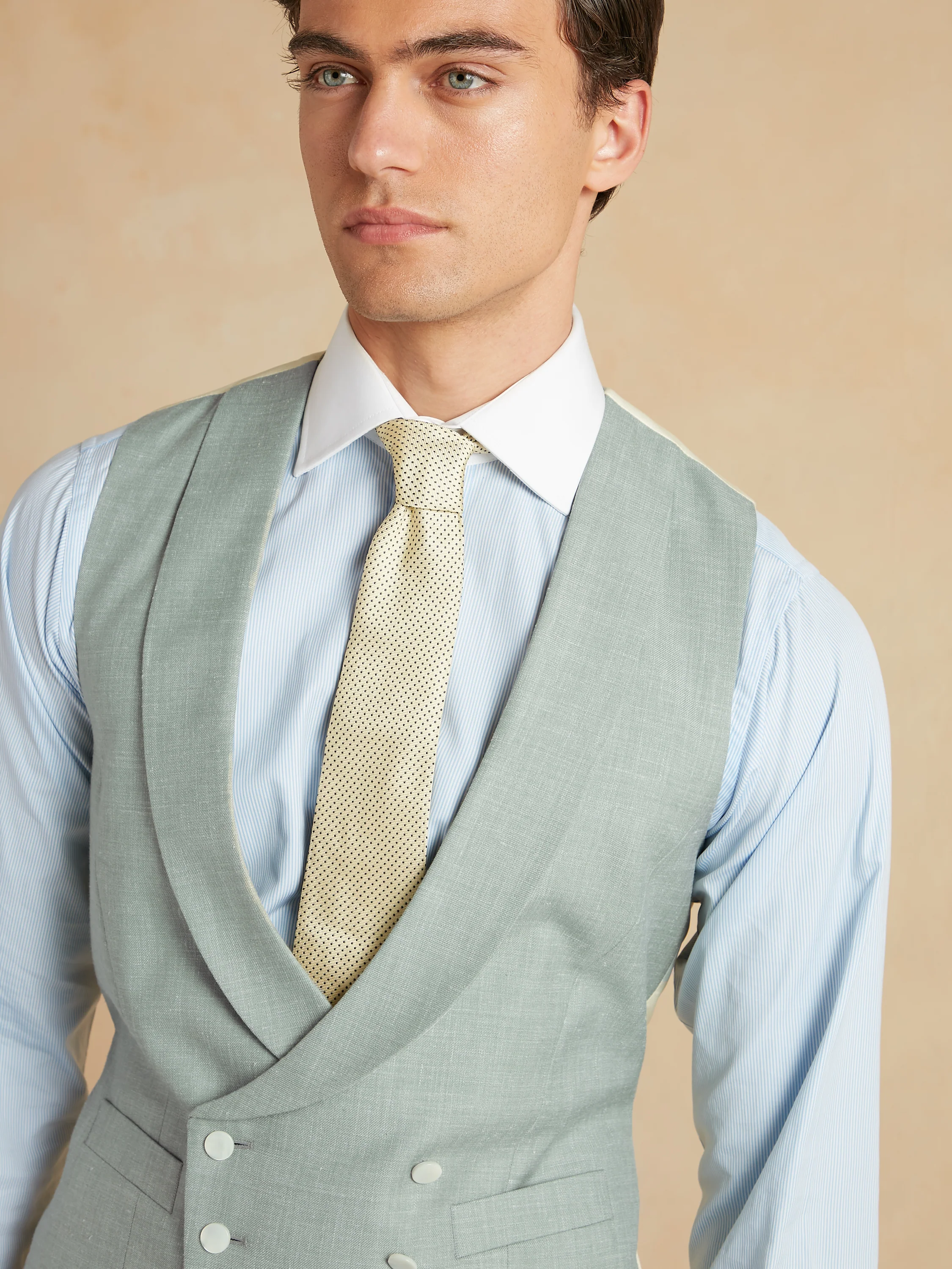 Tropical Wool, Silk and Linen Double Breasted Waistcoat - Light Sage - Image 3